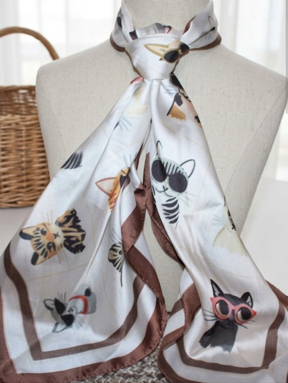 Nwt Piper K Cats Print Satin Scarf in Cream and Brown